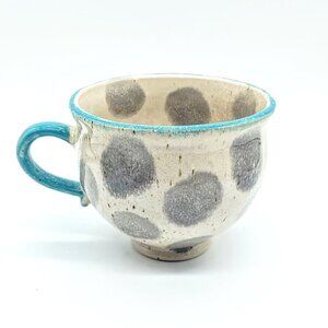 Crate & Barrel Blue Trim Grey Dot Ceramic Mug